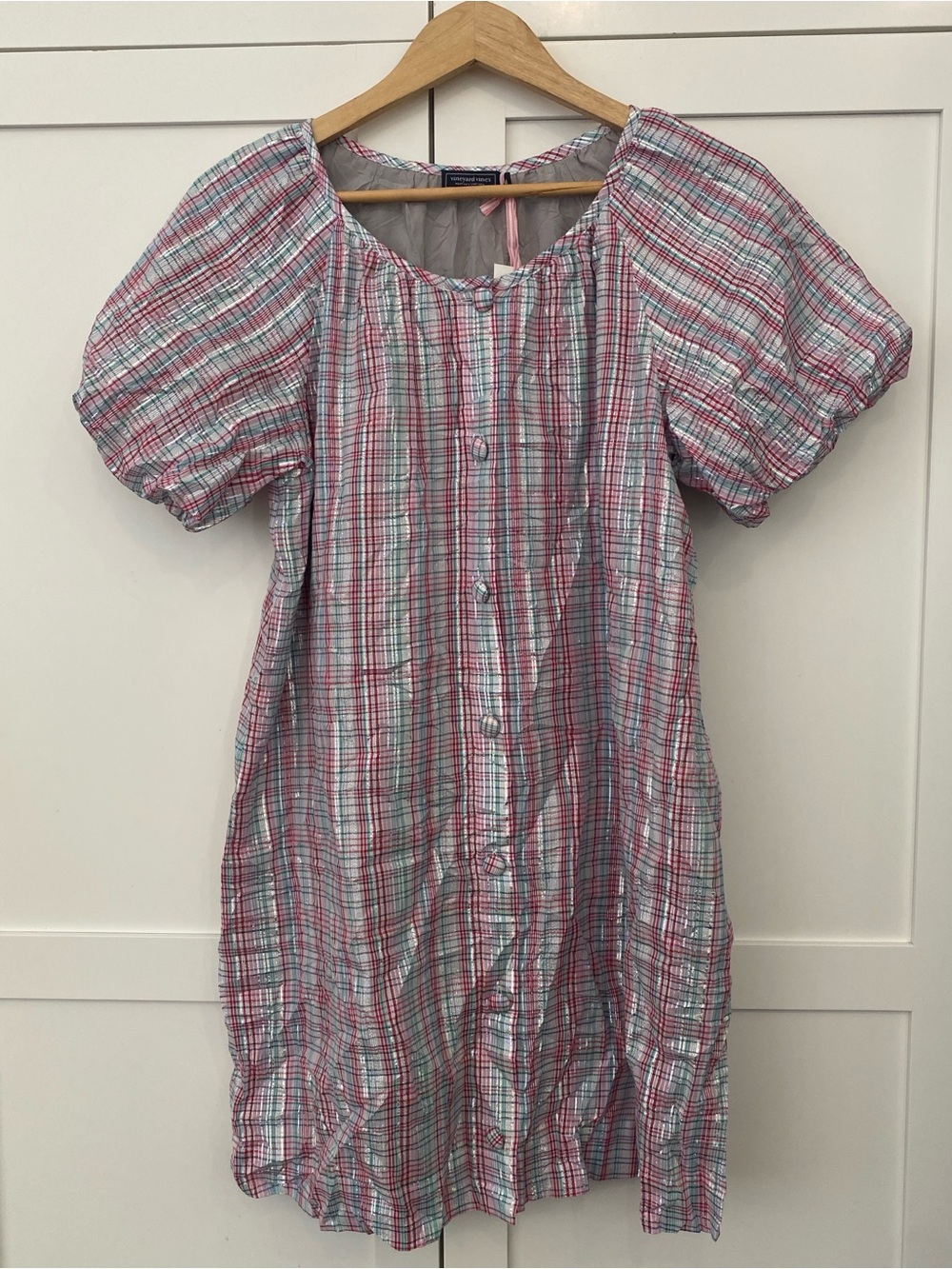 Vineyard Vines Plaid Button Front Puff Sleeve Metallic Shimmer Shift Dress M